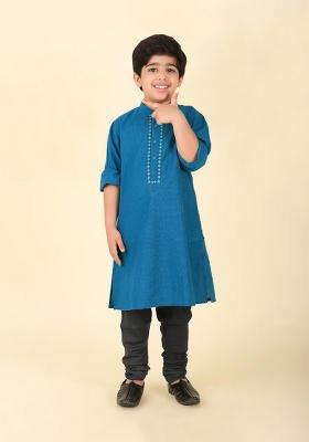 Blue Embroidery Cotton Kurta With Bottom For Boys
