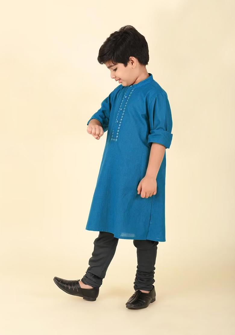 Blue Embroidery Cotton Kurta With Bottom For Boys - Indya