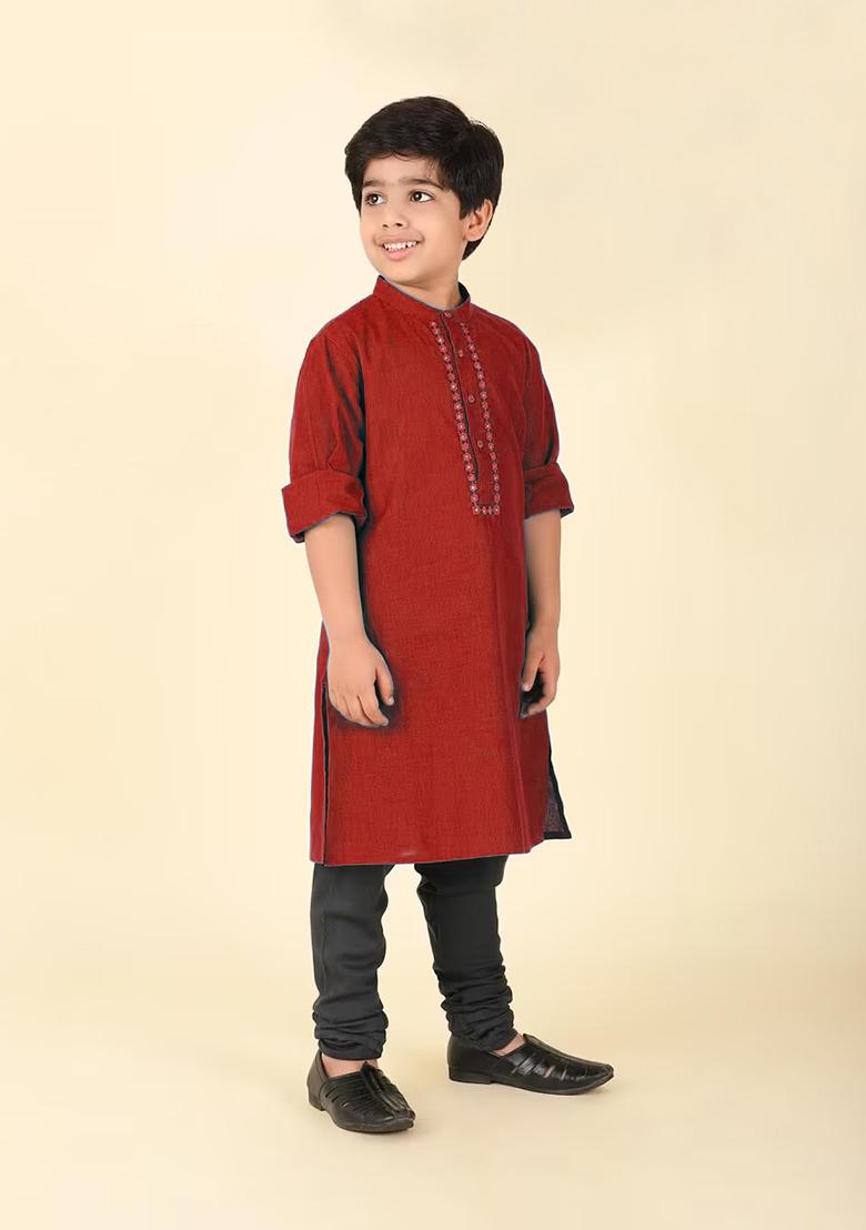Maroon Embroidery Cotton Kurta With Bottom For Boys - Indya