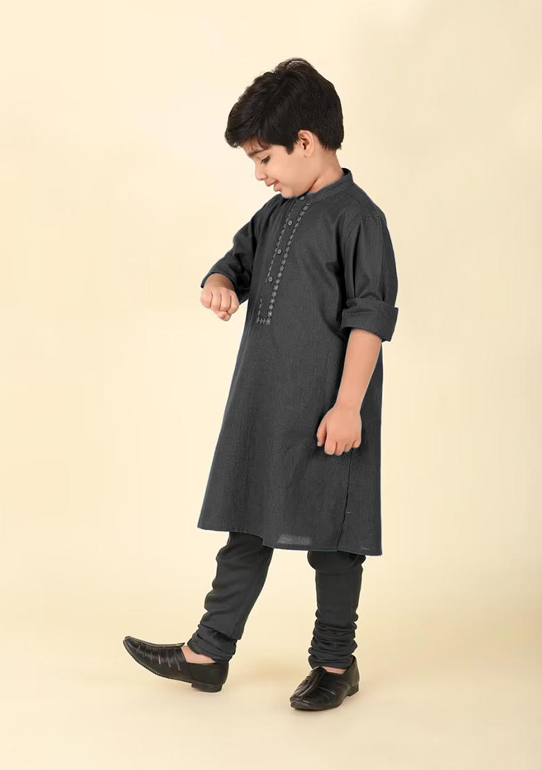 Black Embroidery Cotton Kurta With Bottom For Boys - Indya