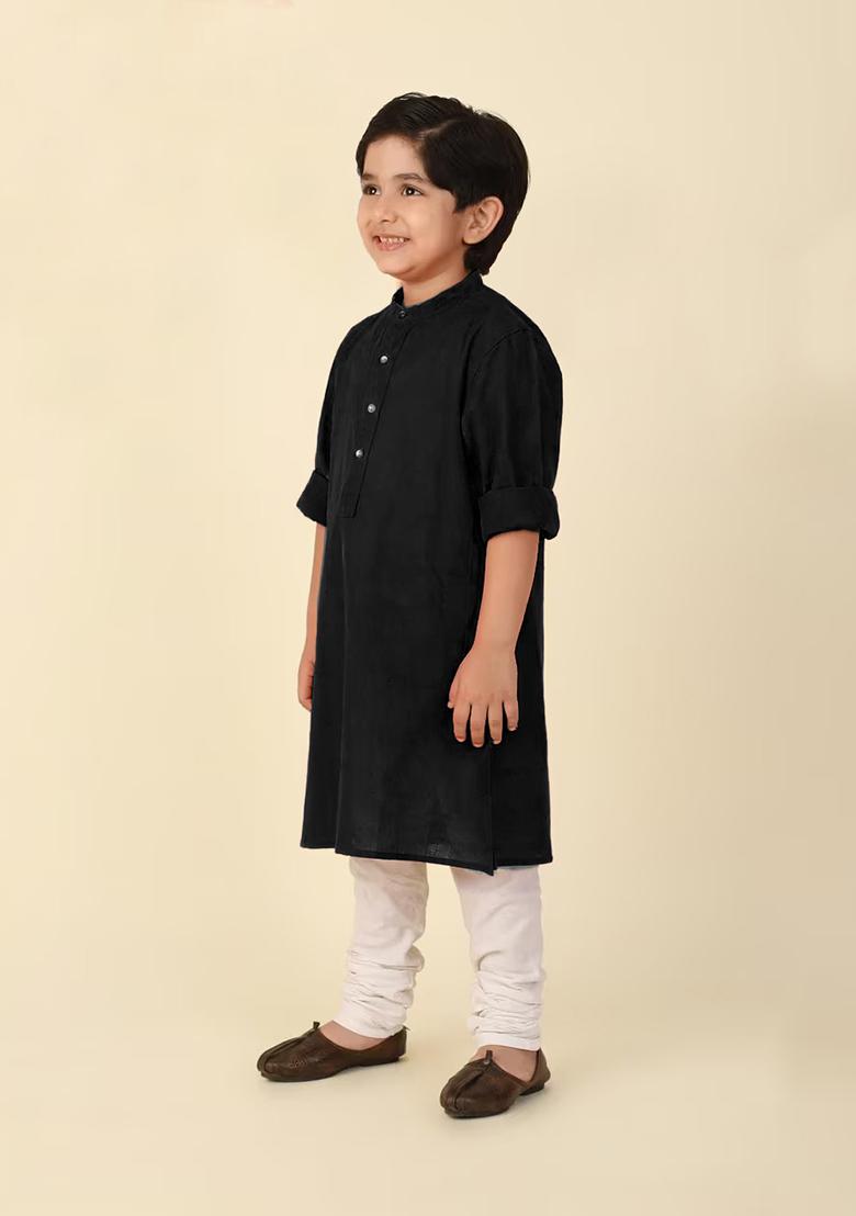 Black Plain Cotton Kurta With Bottom For Boys - Indya