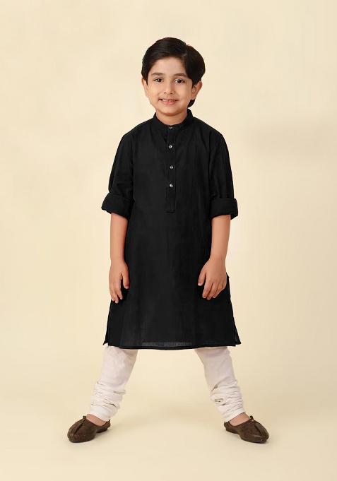 Black Plain Cotton Kurta With Bottom For Boys