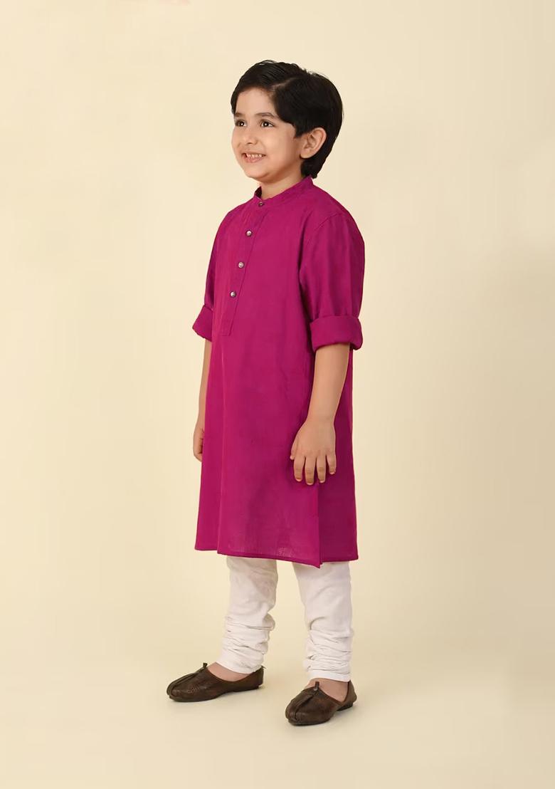 Magenta Plain Cotton Kurta With Bottom For Boys - Indya