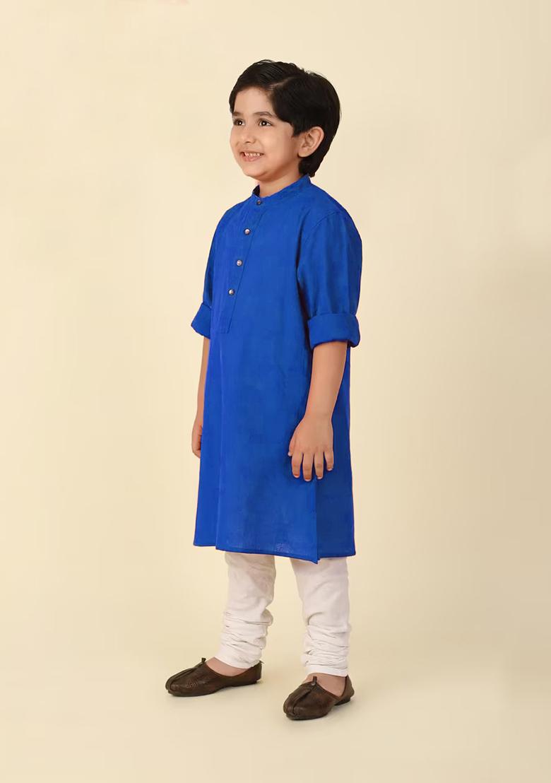 Royal Blue Plain Cotton Kurta With Bottom For Boys - Indya