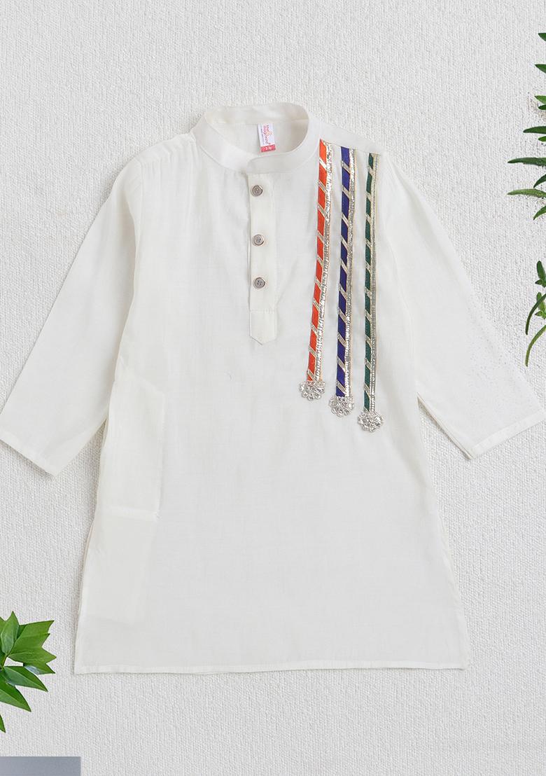 Off White Embellished Polyester Kurta For Boys - Indya