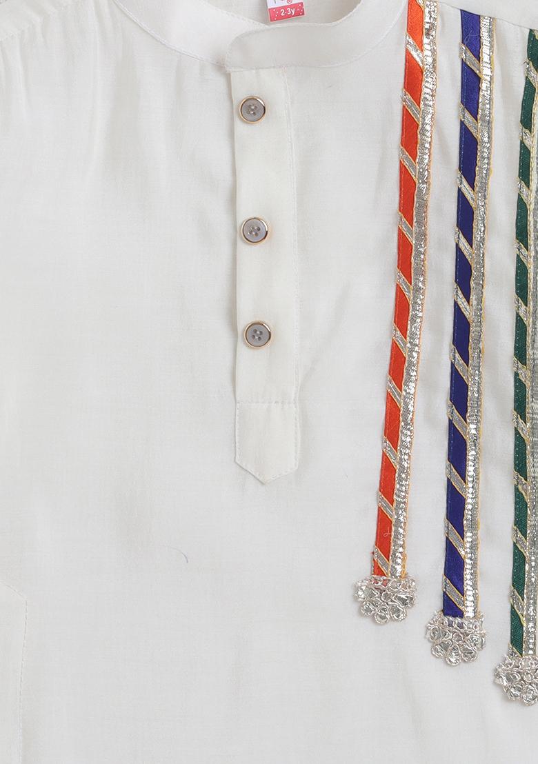 Off White Embellished Polyester Kurta For Boys - Indya