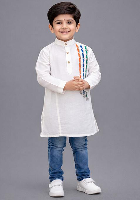 Off White Embellished Polyester Kurta For Boys