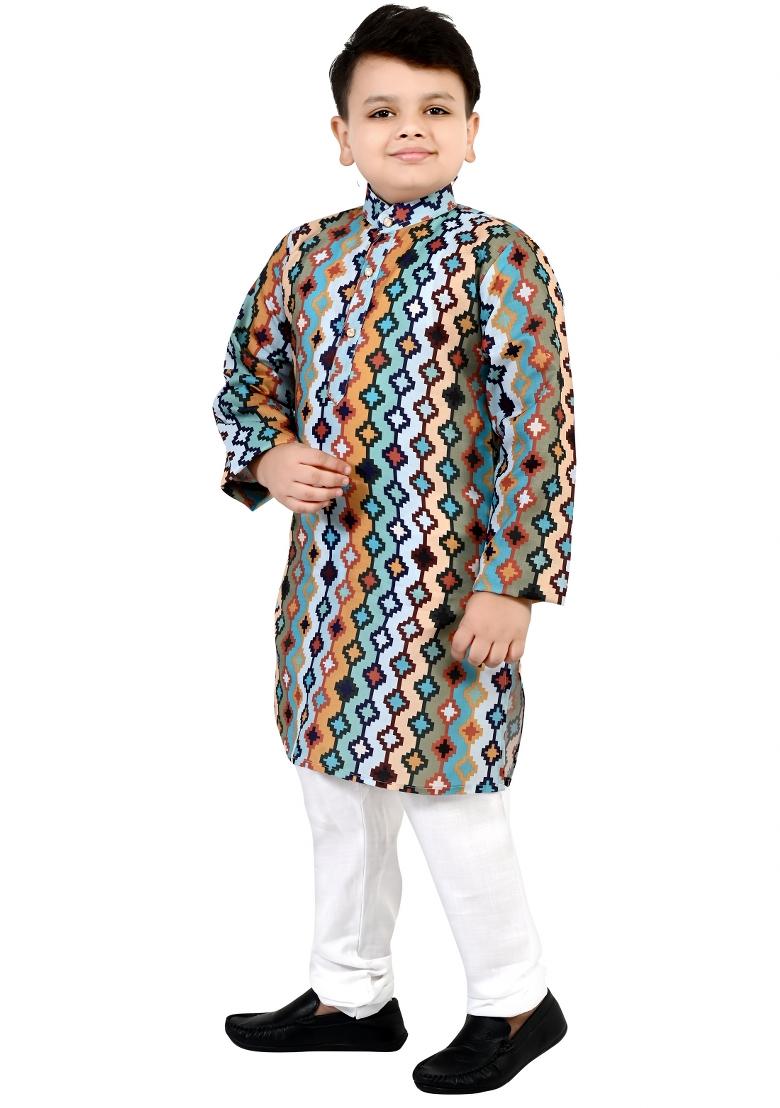 Multicolor Printed Cotton Kurta Set For Boys - Indya