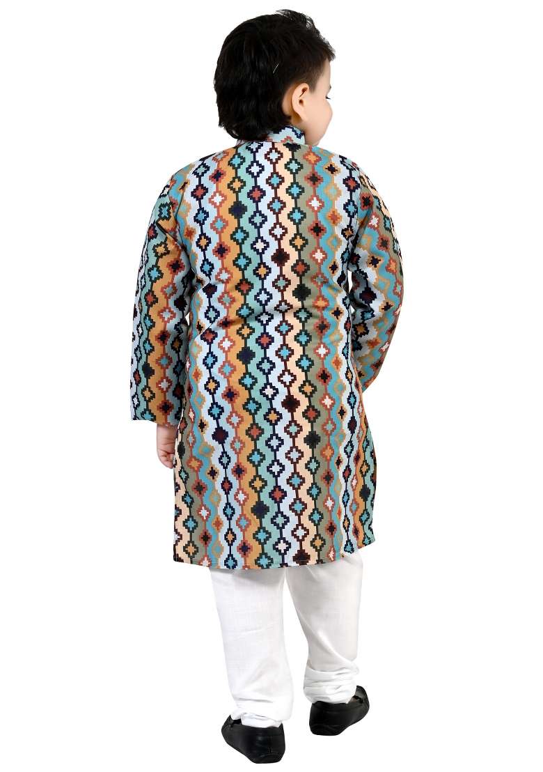 Multicolor Printed Cotton Kurta Set For Boys - Indya