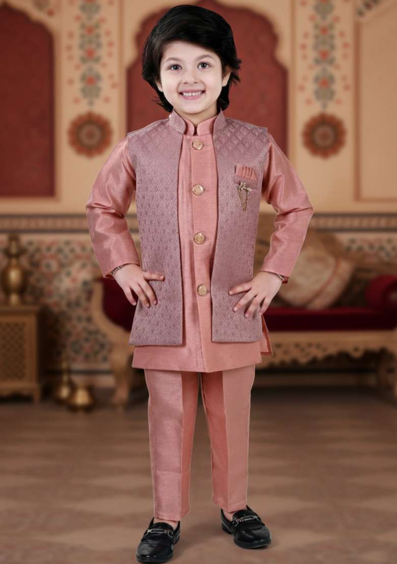 Peach Jacquard Jacquard Sherwani Set For Boys - Indya