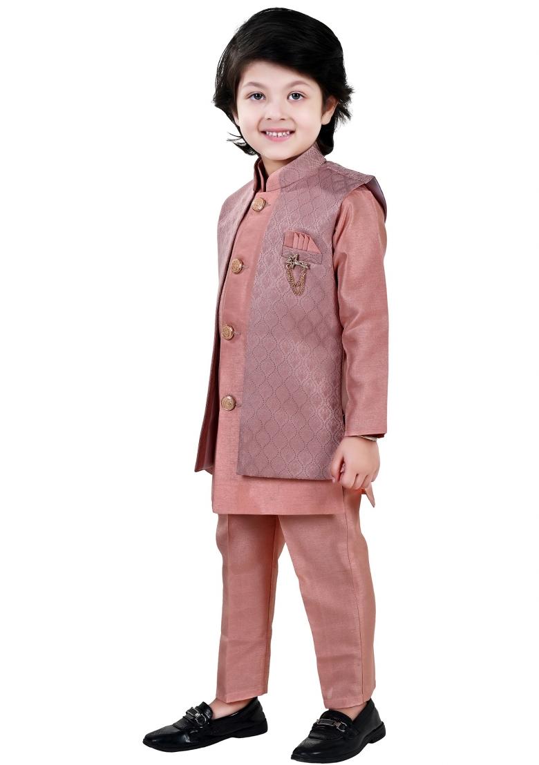 Peach Jacquard Jacquard Sherwani Set For Boys - Indya