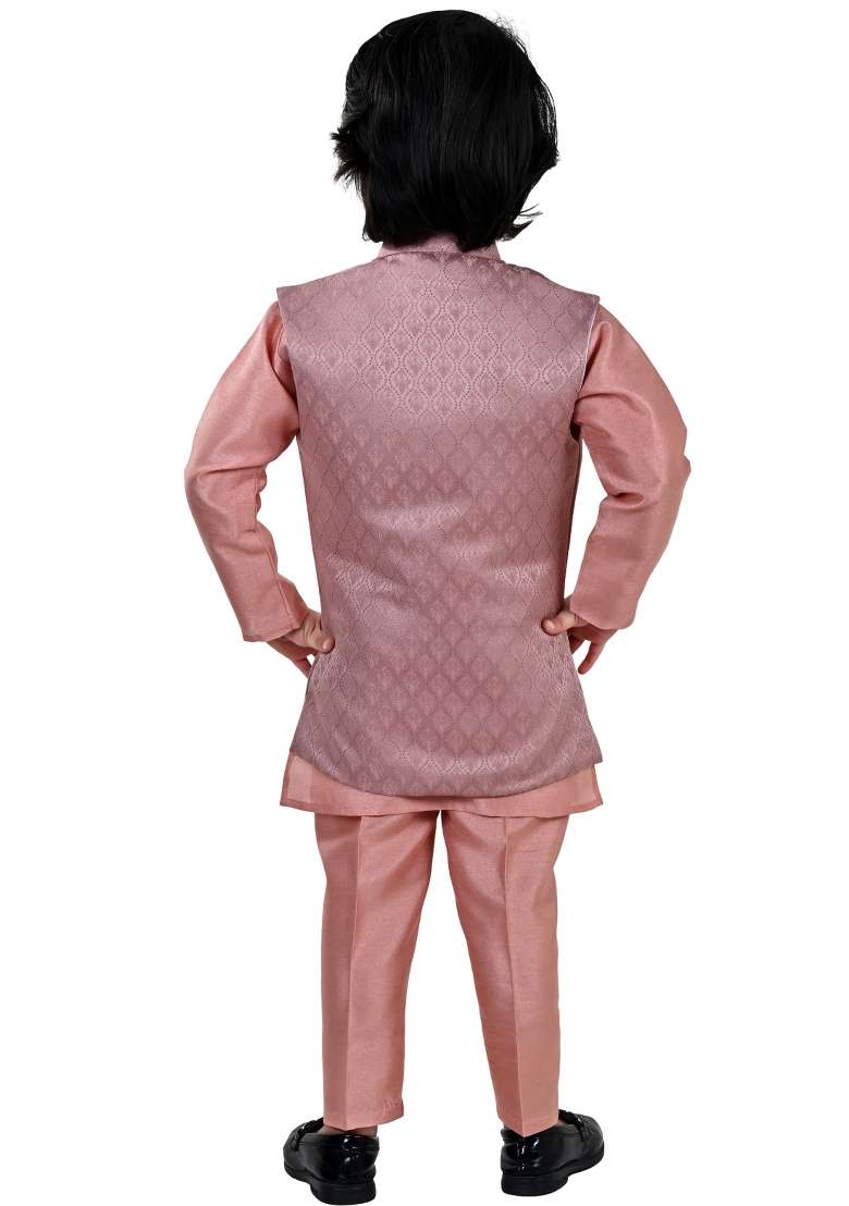 Peach Jacquard Jacquard Sherwani Set For Boys - Indya