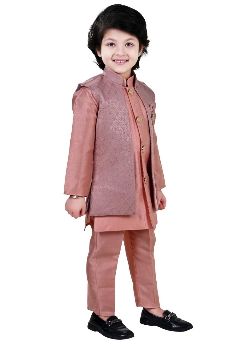Peach Jacquard Jacquard Sherwani Set For Boys - Indya