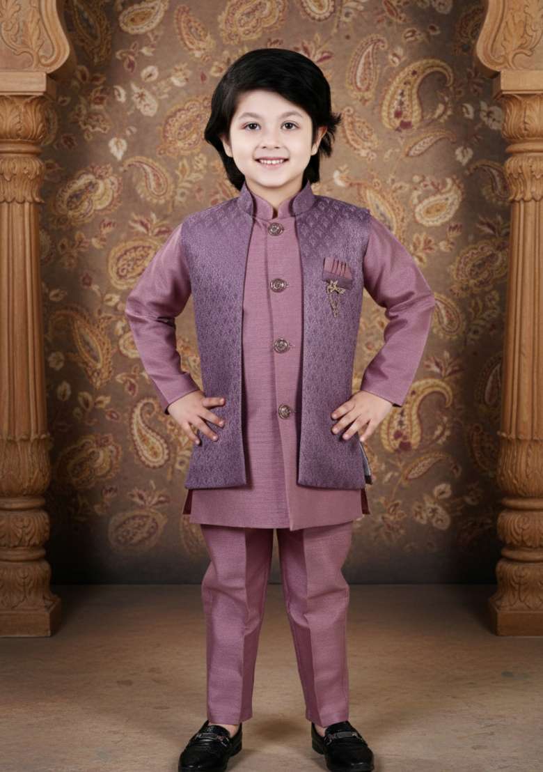 Purple Jacquard Jacquard Sherwani Set For Boys - Indya