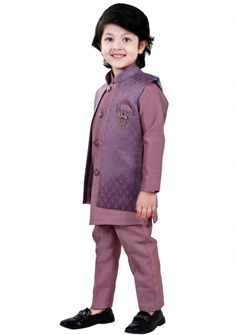 Purple Jacquard Jacquard Sherwani Set For Boys - Indya