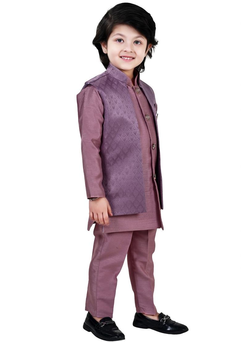 Purple Jacquard Jacquard Sherwani Set For Boys - Indya