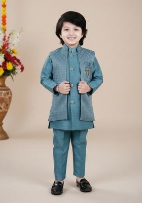 Light Blue Jacquard Jacquard Sherwani Set For Boys