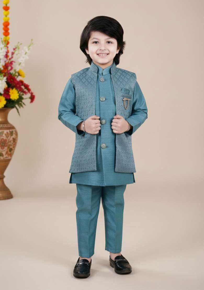 Light Blue Jacquard Jacquard Sherwani Set For Boys - Indya