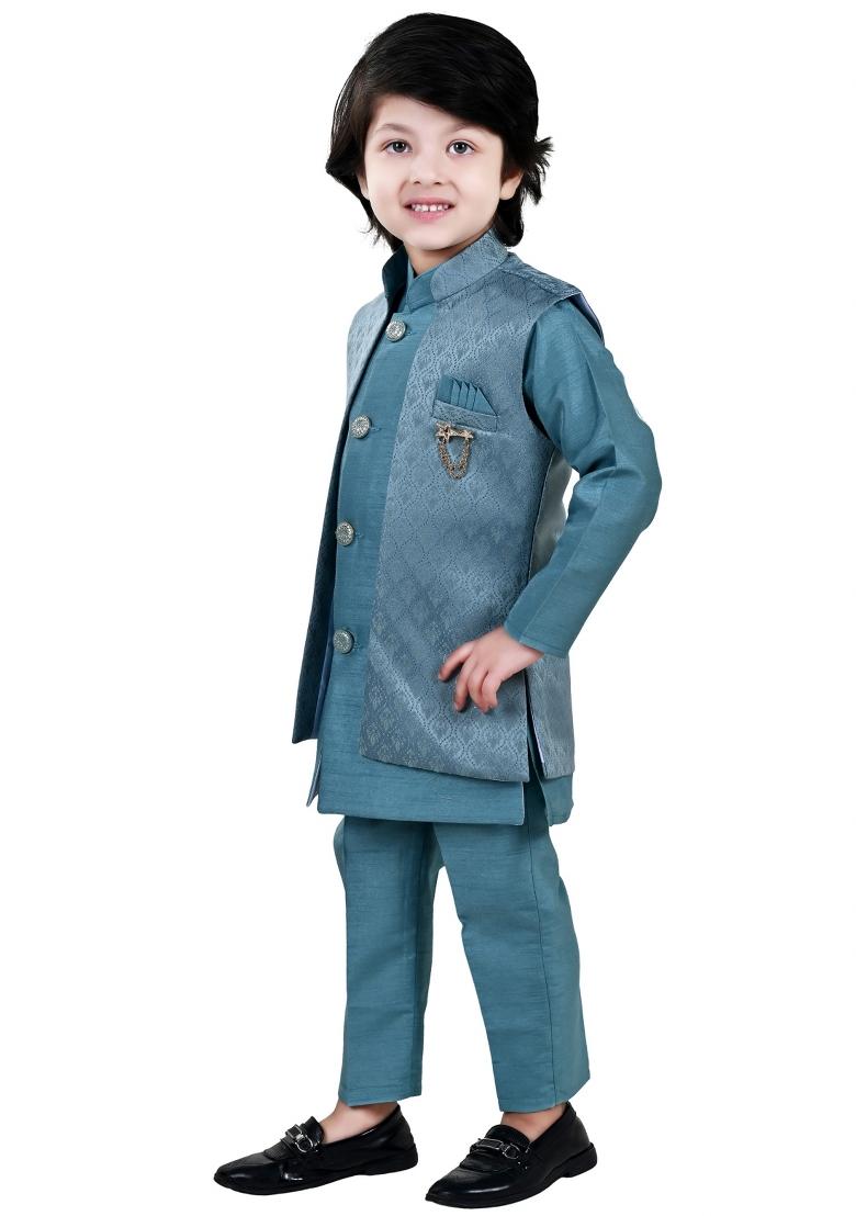 Light Blue Jacquard Jacquard Sherwani Set For Boys - Indya