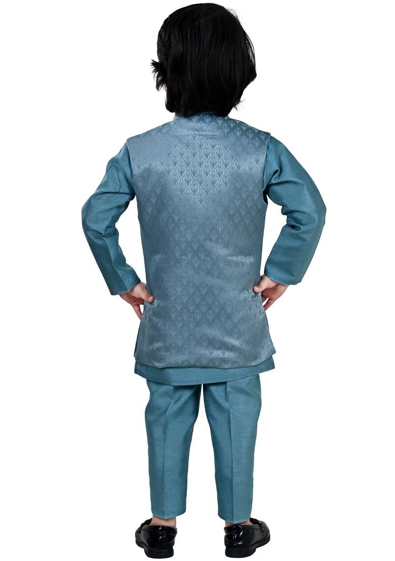 Light Blue Jacquard Jacquard Sherwani Set For Boys - Indya