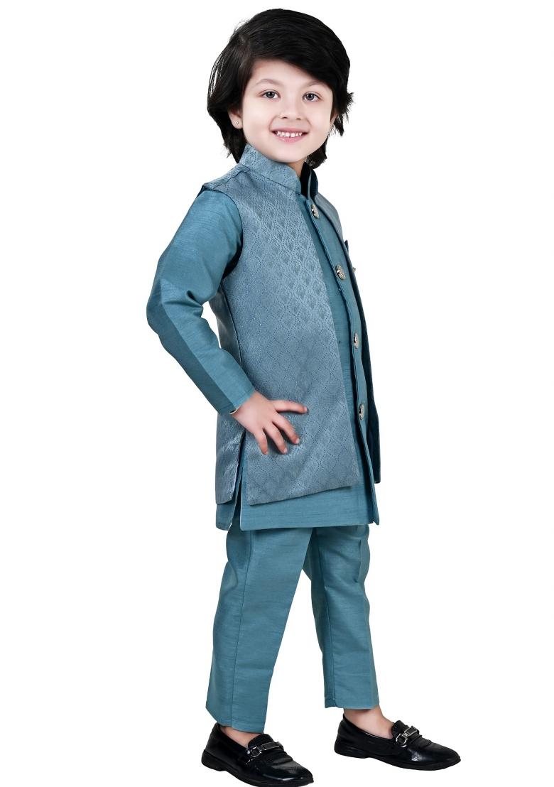 Light Blue Jacquard Jacquard Sherwani Set For Boys - Indya