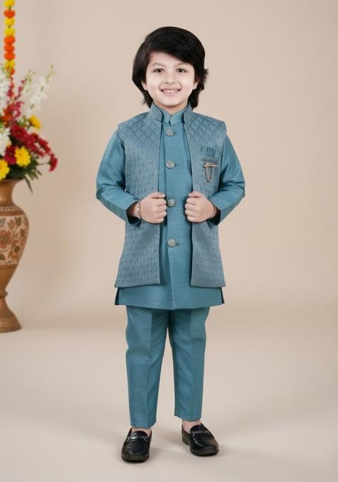 Light Blue Jacquard Jacquard Sherwani Set For Boys