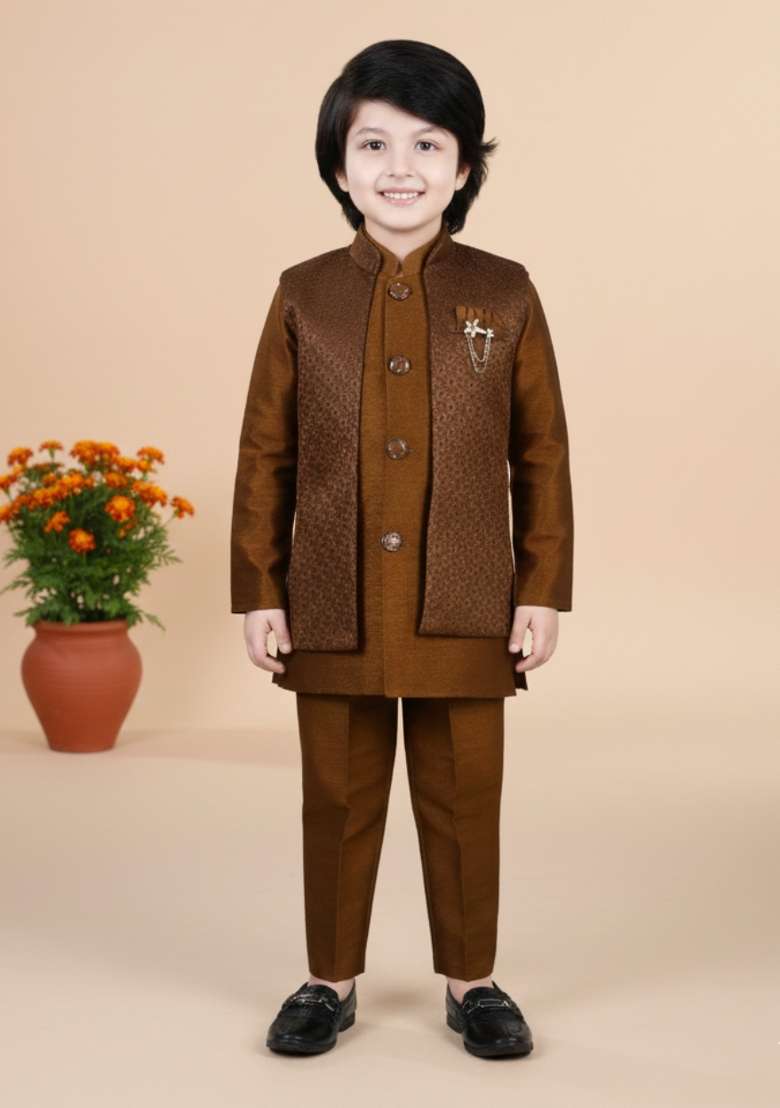 Copper Jacquard Jacquard Sherwani Set For Boys - Indya