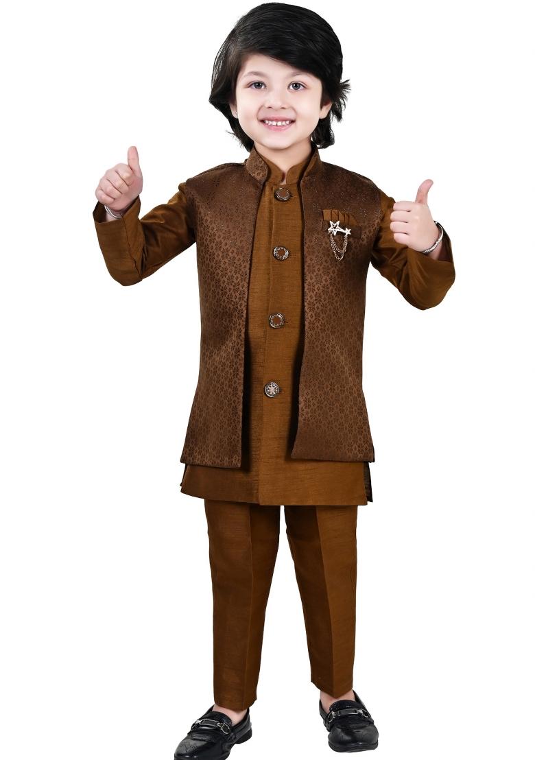 Copper Jacquard Jacquard Sherwani Set For Boys - Indya