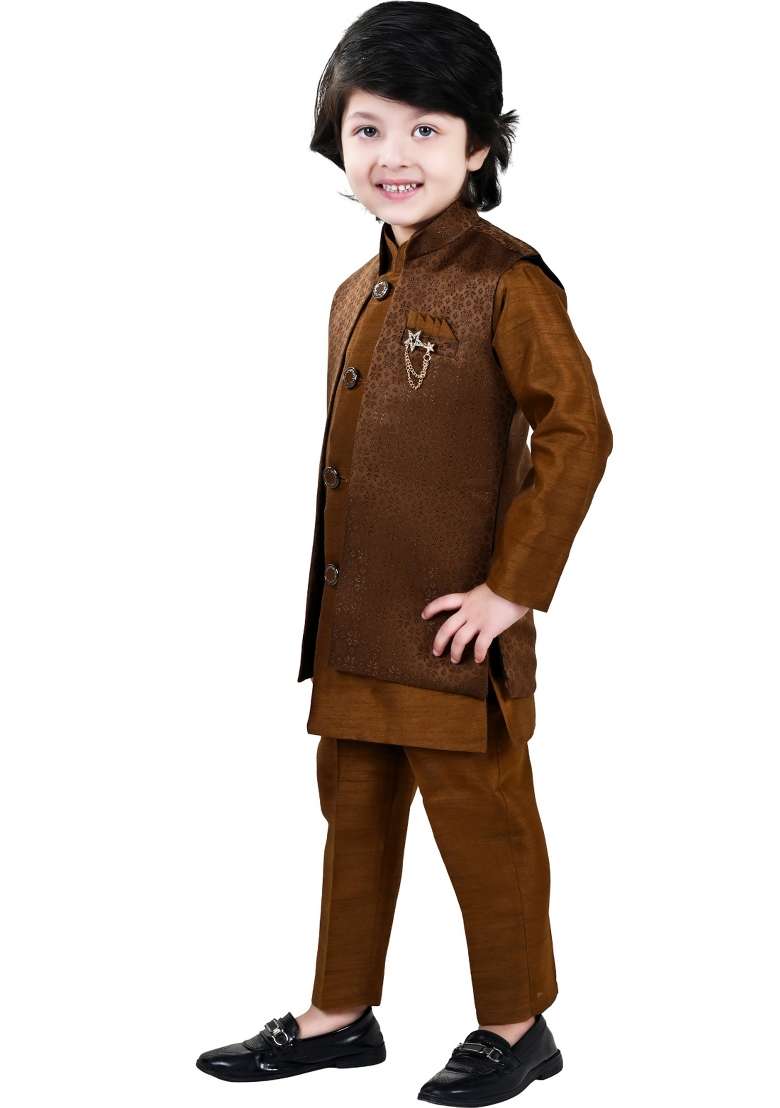 Copper Jacquard Jacquard Sherwani Set For Boys - Indya