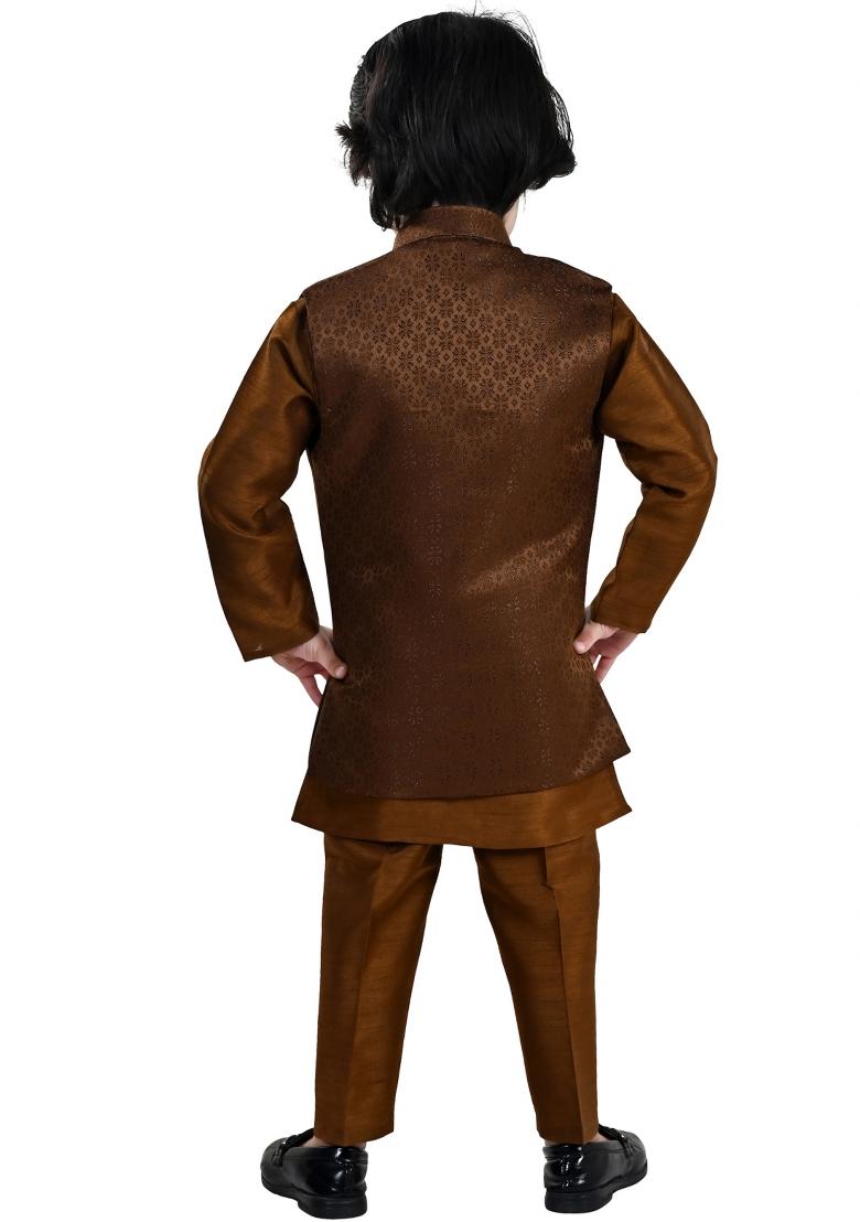 Copper Jacquard Jacquard Sherwani Set For Boys - Indya