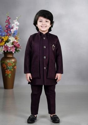 Wine Jacquard Jacquard Sherwani Set For Boys