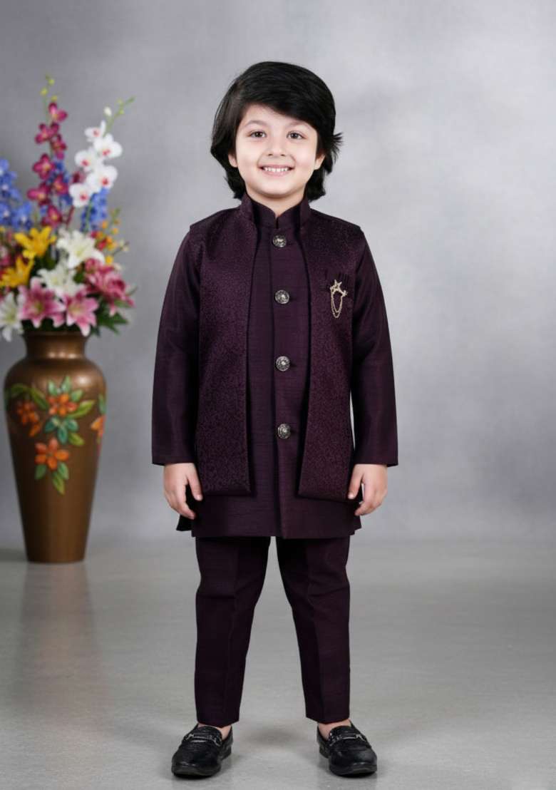 Wine Jacquard Jacquard Sherwani Set For Boys - Indya