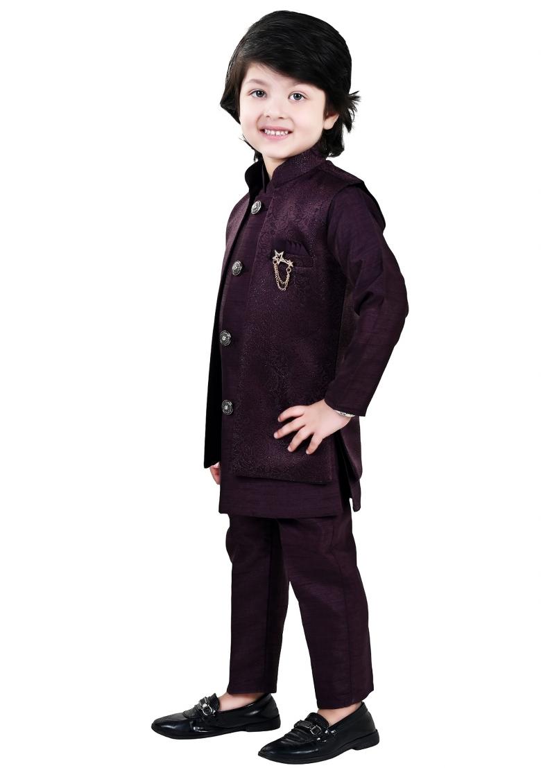 Wine Jacquard Jacquard Sherwani Set For Boys - Indya