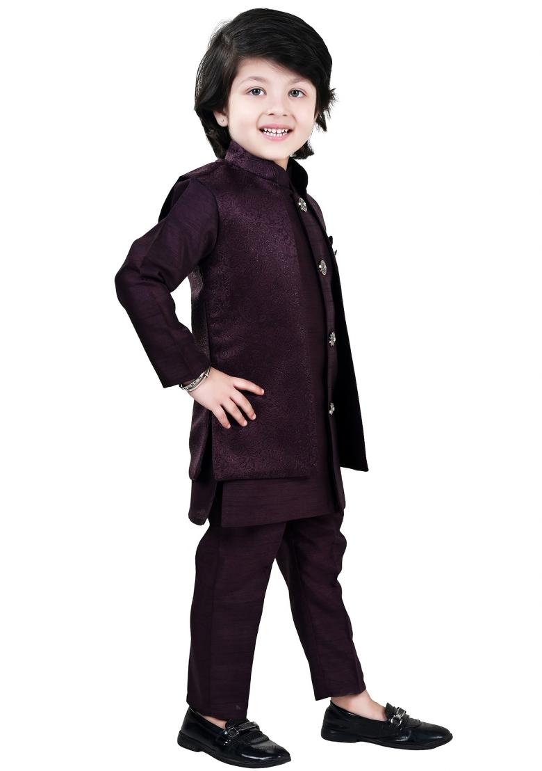 Wine Jacquard Jacquard Sherwani Set For Boys - Indya