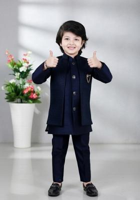 Blue Jacquard Jacquard Sherwani Set For Boys