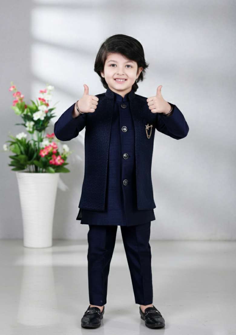 Blue Jacquard Jacquard Sherwani Set For Boys - Indya