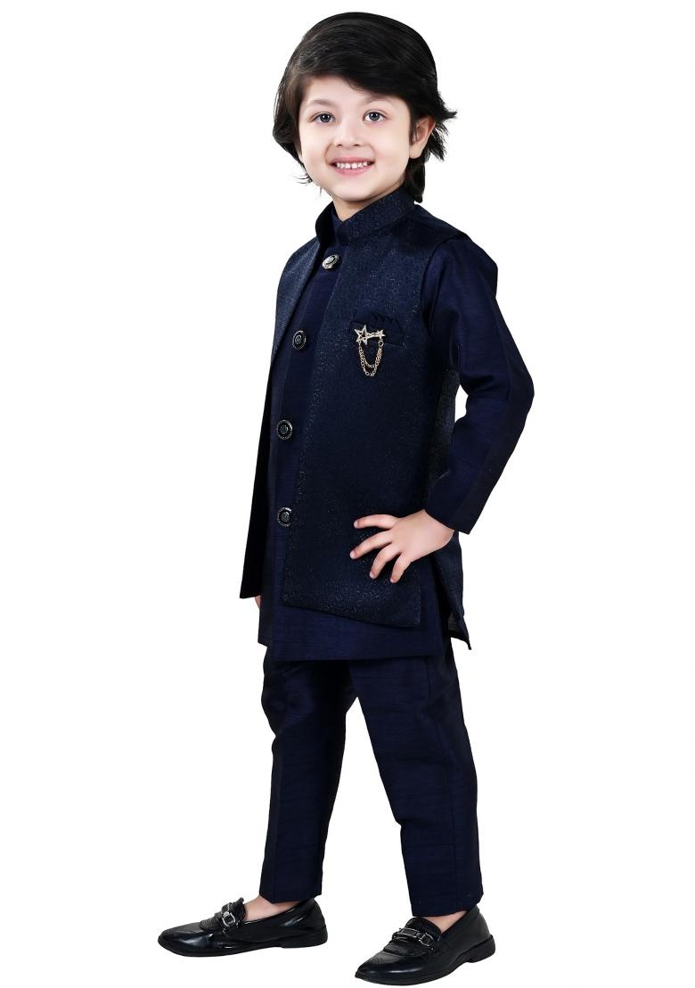 Blue Jacquard Jacquard Sherwani Set For Boys - Indya