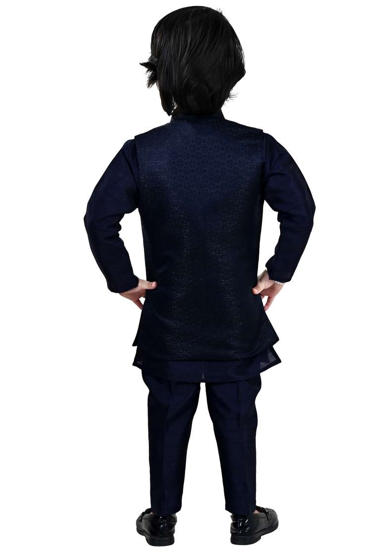 Blue Jacquard Jacquard Sherwani Set For Boys - Indya