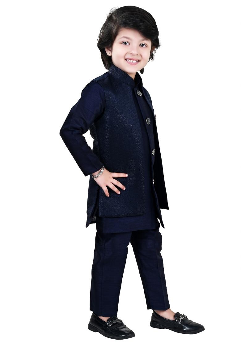 Blue Jacquard Jacquard Sherwani Set For Boys - Indya
