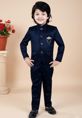 Blue Solid Polyster Jodhpuri Suit For Boys