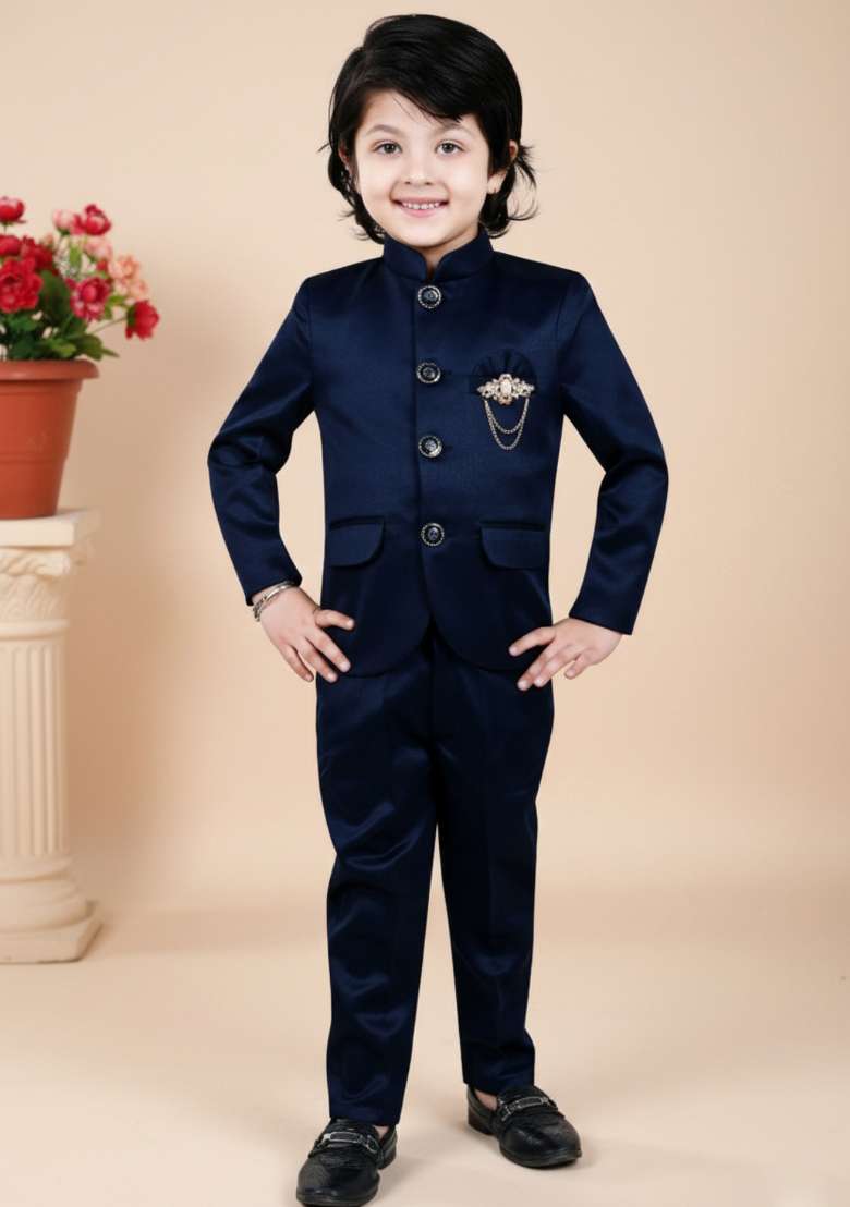 Blue Solid Polyster Jodhpuri Suit For Boys - Indya
