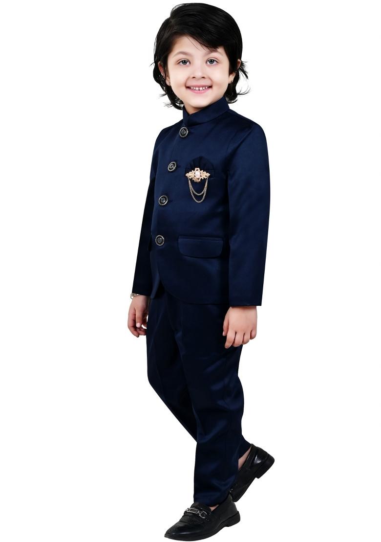 Blue Solid Polyster Jodhpuri Suit For Boys - Indya