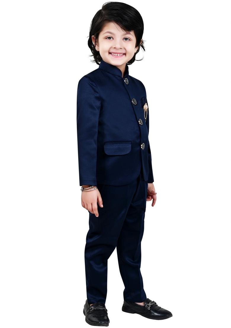 Blue Solid Polyster Jodhpuri Suit For Boys - Indya