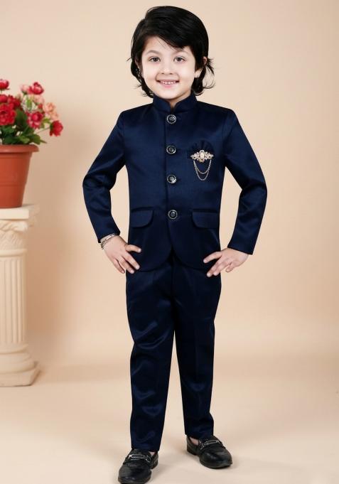 Blue Solid Polyster Jodhpuri Suit For Boys