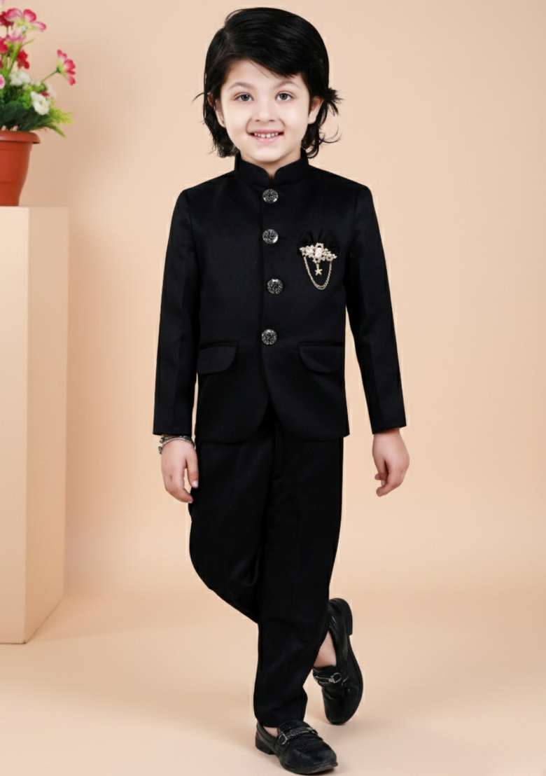Black Solid Polyster Jodhpuri Suit For Boys - Indya
