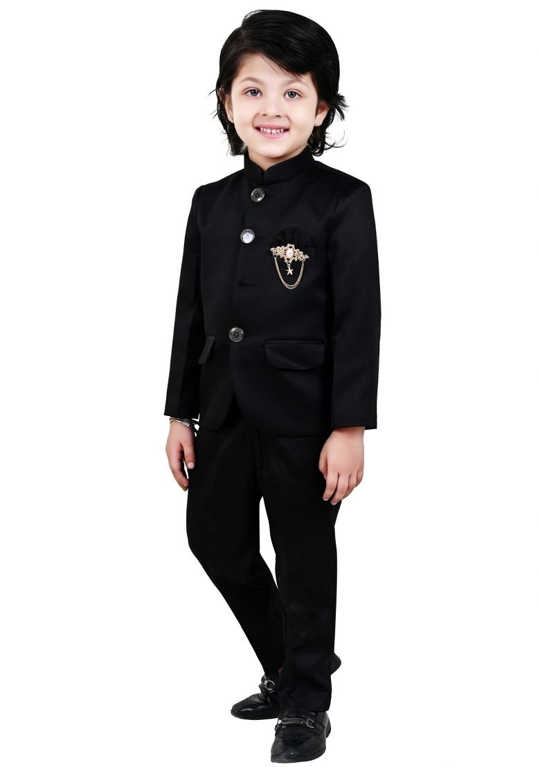 Black Solid Polyster Jodhpuri Suit For Boys - Indya