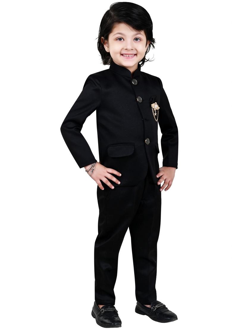 Black Solid Polyster Jodhpuri Suit For Boys - Indya