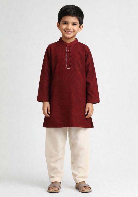 Maroon Jacquard Jacquard Boys Kurta Set