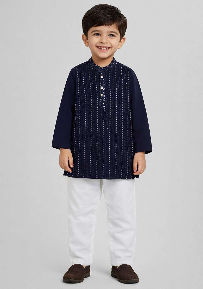Navy Blue Embellished Georgette Boys Kurta Set - Indya