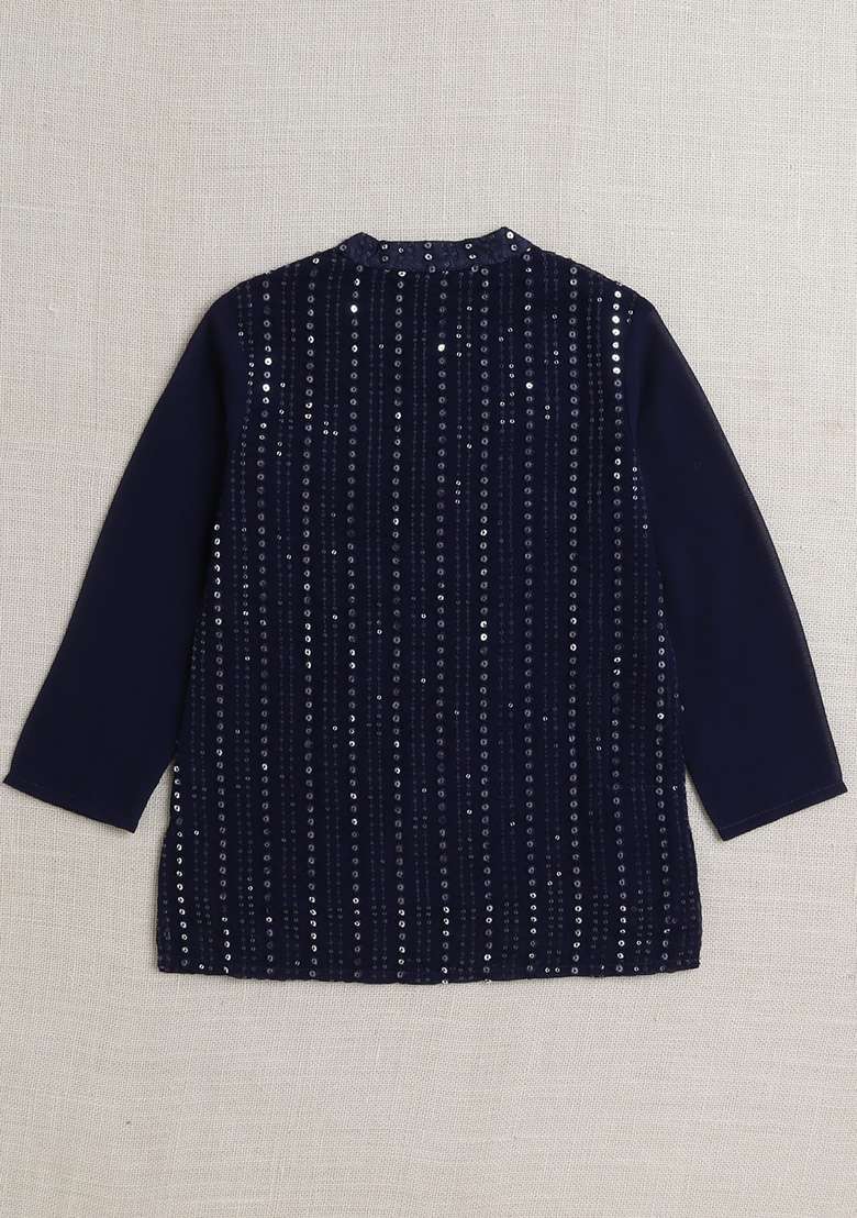 Navy Blue Embellished Georgette Boys Kurta Set - Indya